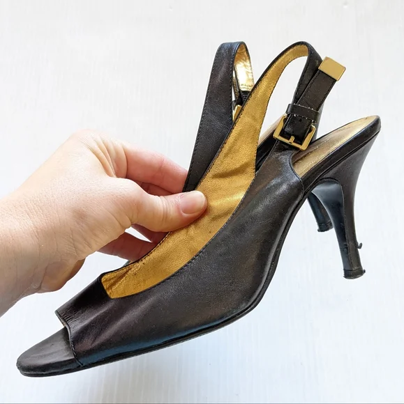 BANANA REPUBLIC women's black leather peep toe slingback heeled pumps - Picture 8 of 13
